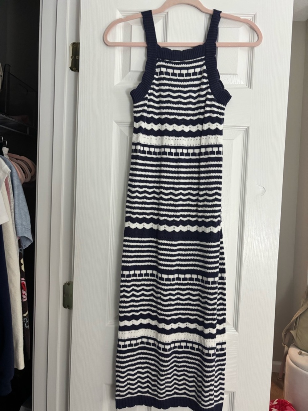 blue and white knit midi dress
